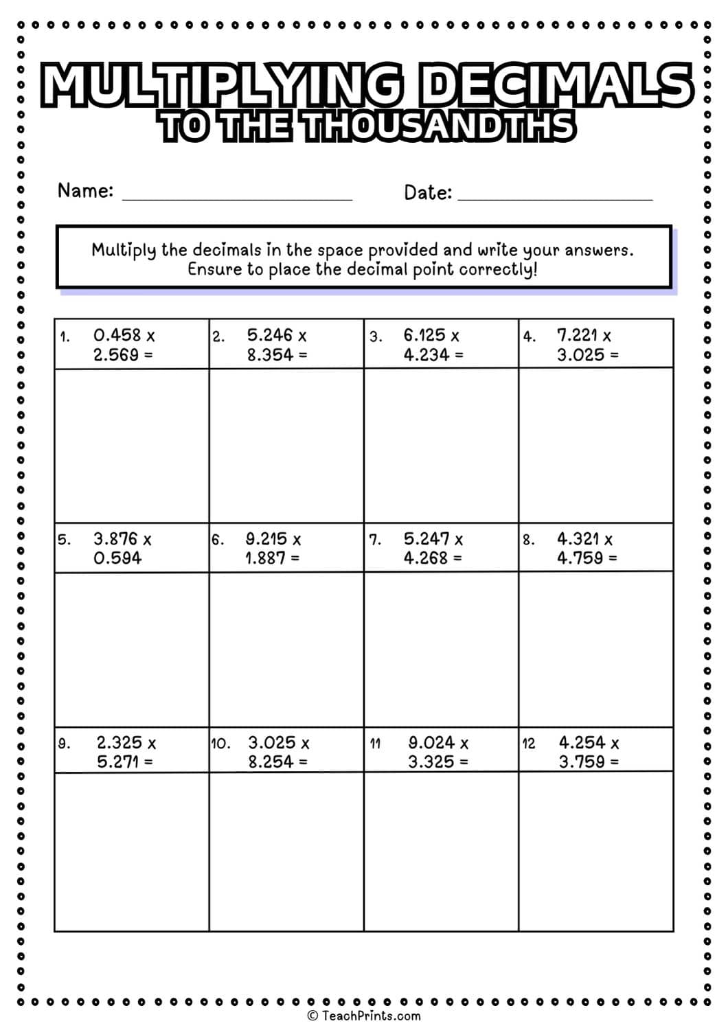 Free Multiplying Decimals Worksheets Teach Prints