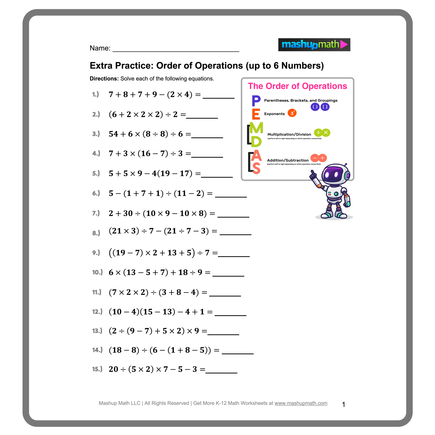 Free Order Of Operations Worksheet Library with Answers Mashup Math