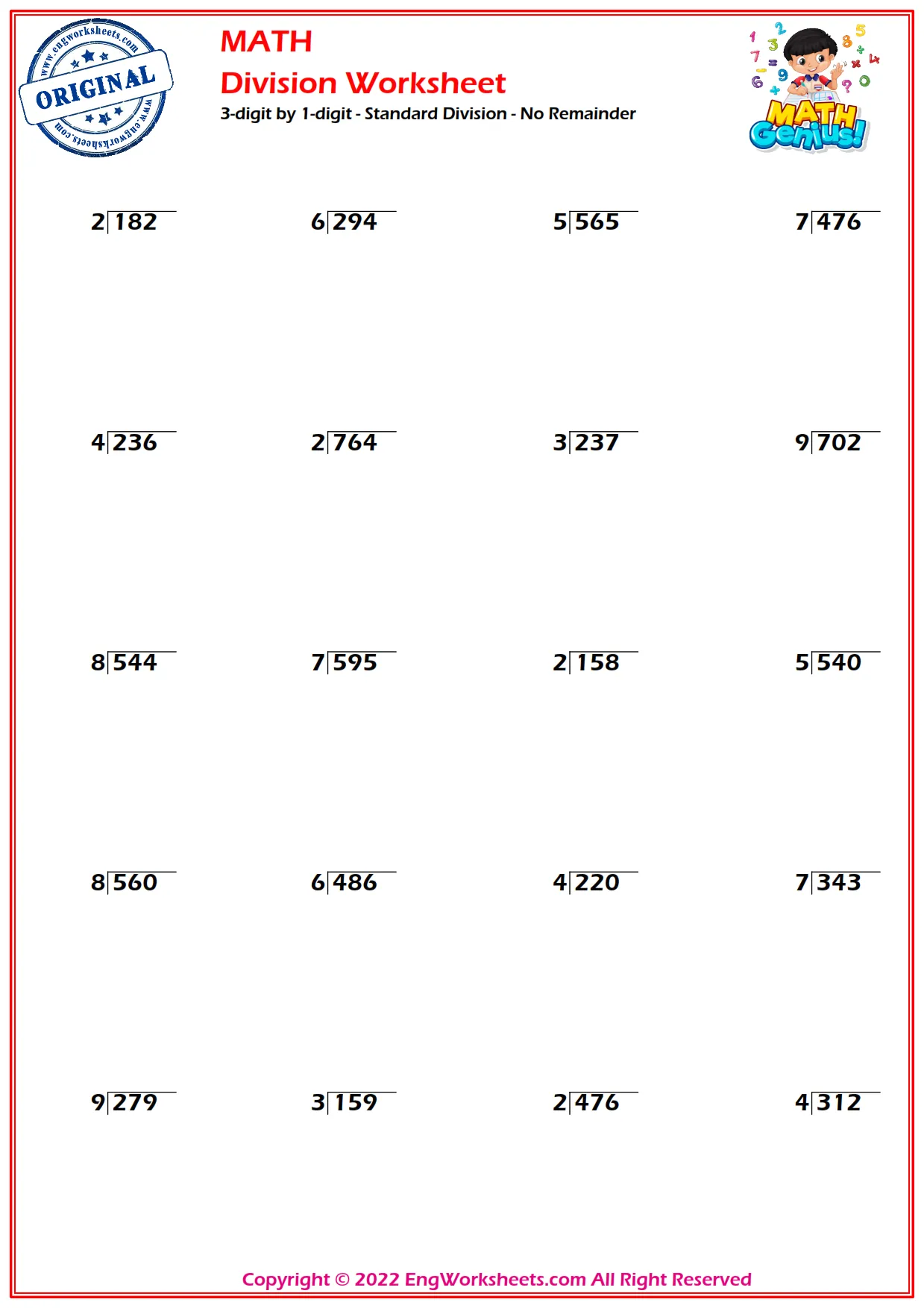 Free Printable 3 Digits By 1 Digits Division Worksheets PDF EngWorksheets