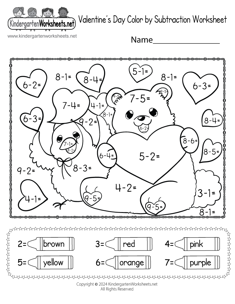 Free Printable Valentine s Day Color By Subtraction Worksheet Free Printable Valentine s Day Color By Subtraction Worksheet