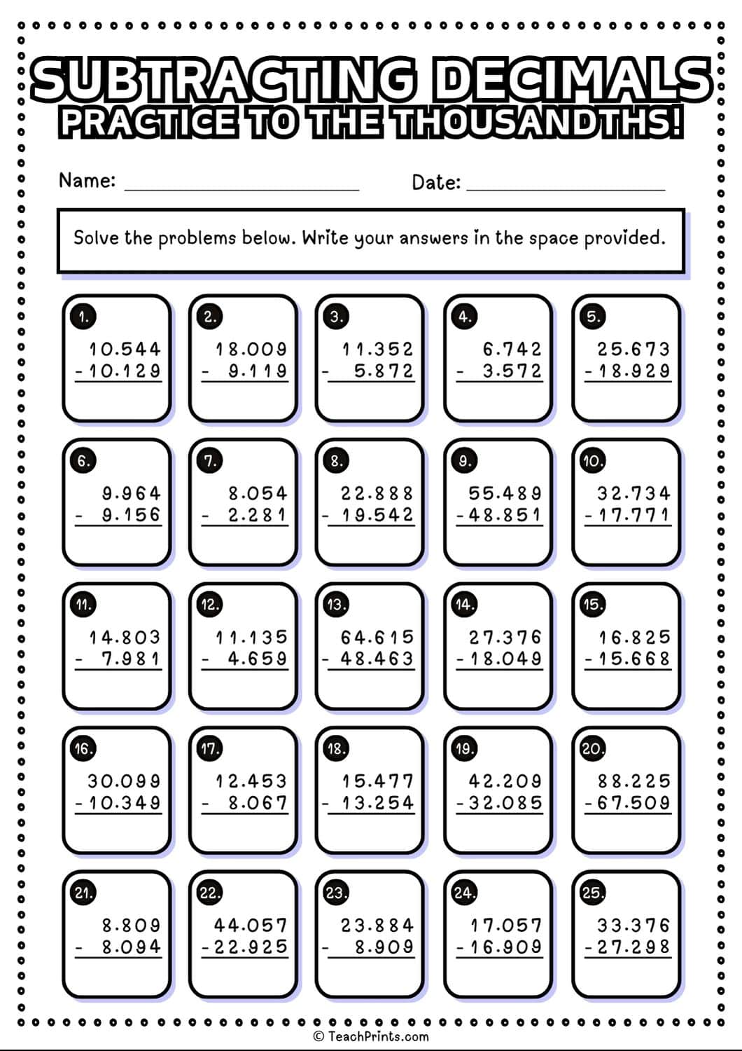 subtraction with decimals worksheet