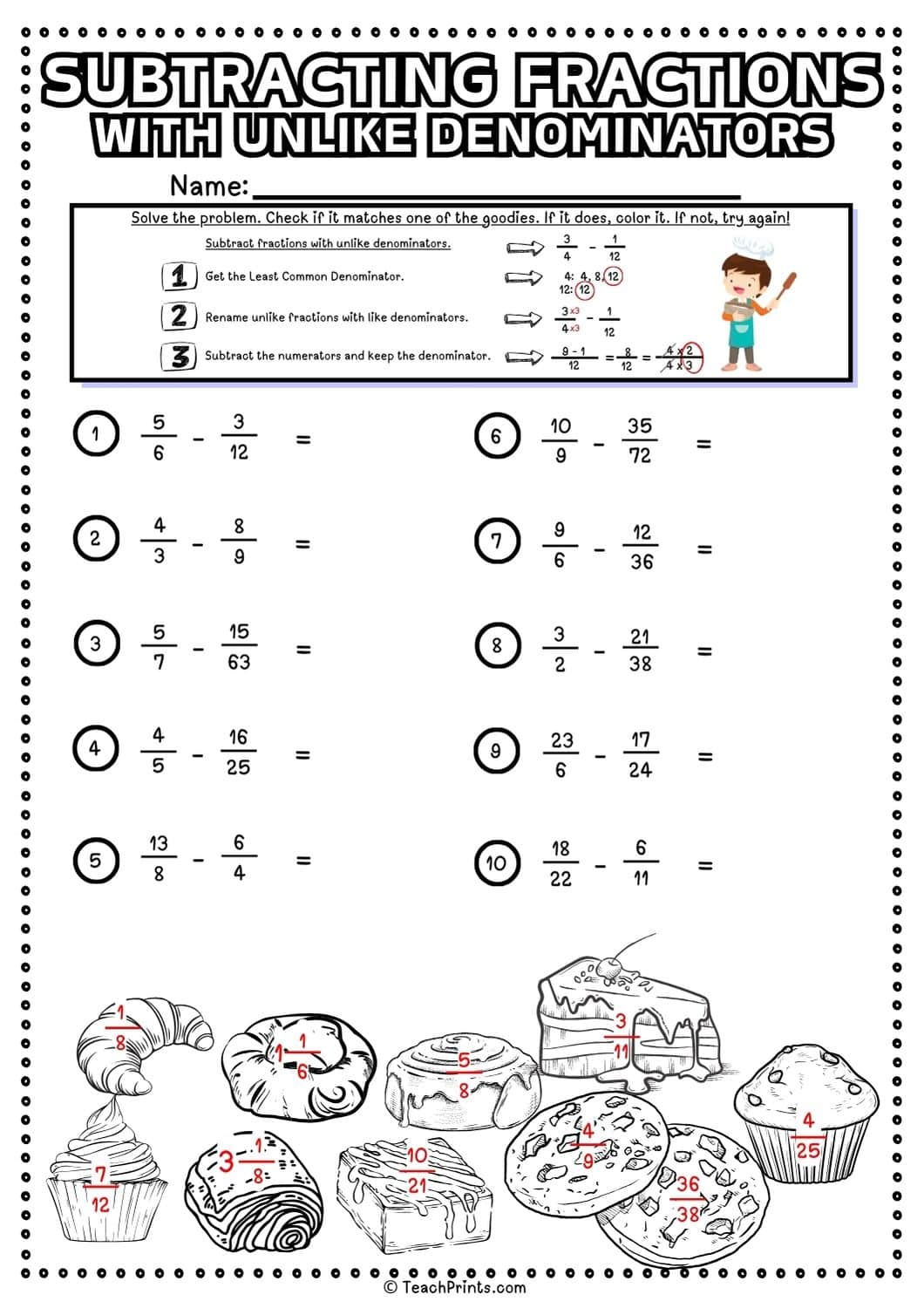 subtracting fractions with unlike denominators worksheets