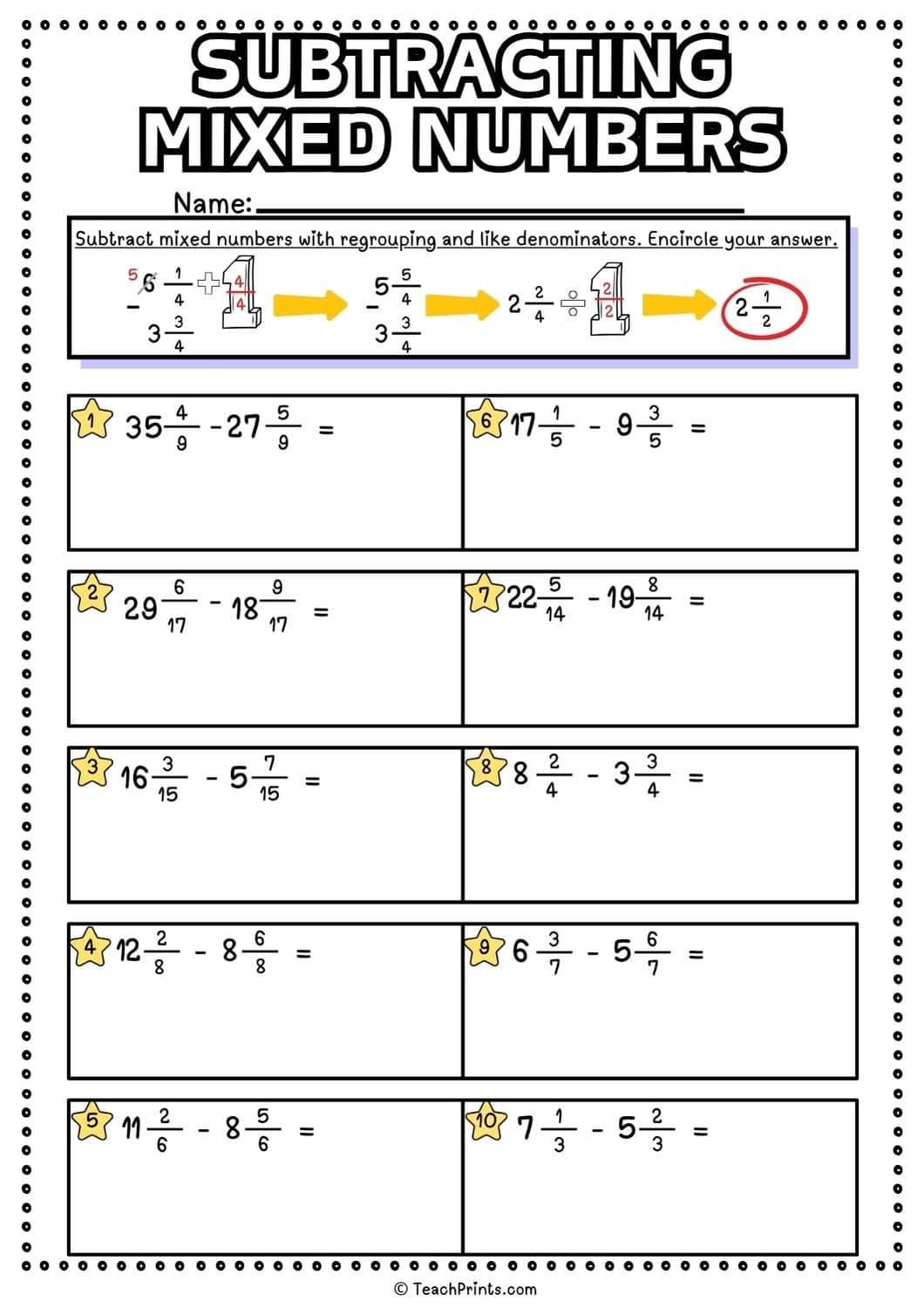 Free Subtracting Mixed Numbers Worksheets Teach Prints