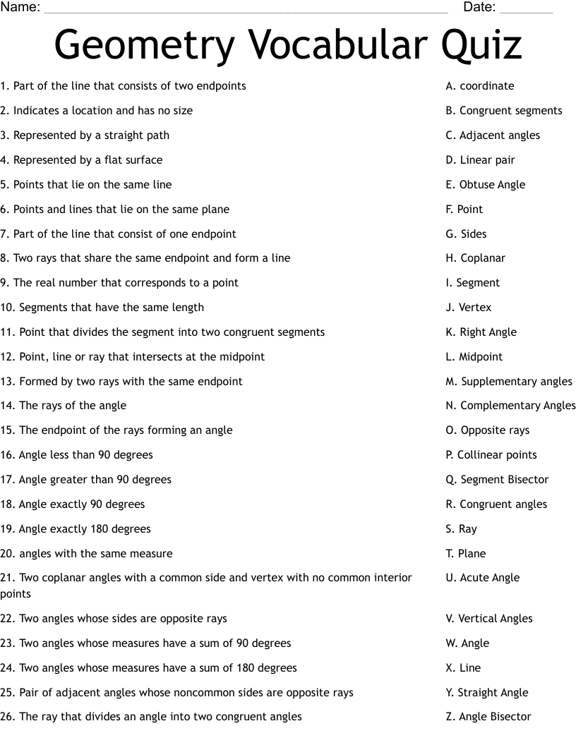 Geometry Vocabular Quiz Worksheet WordMint