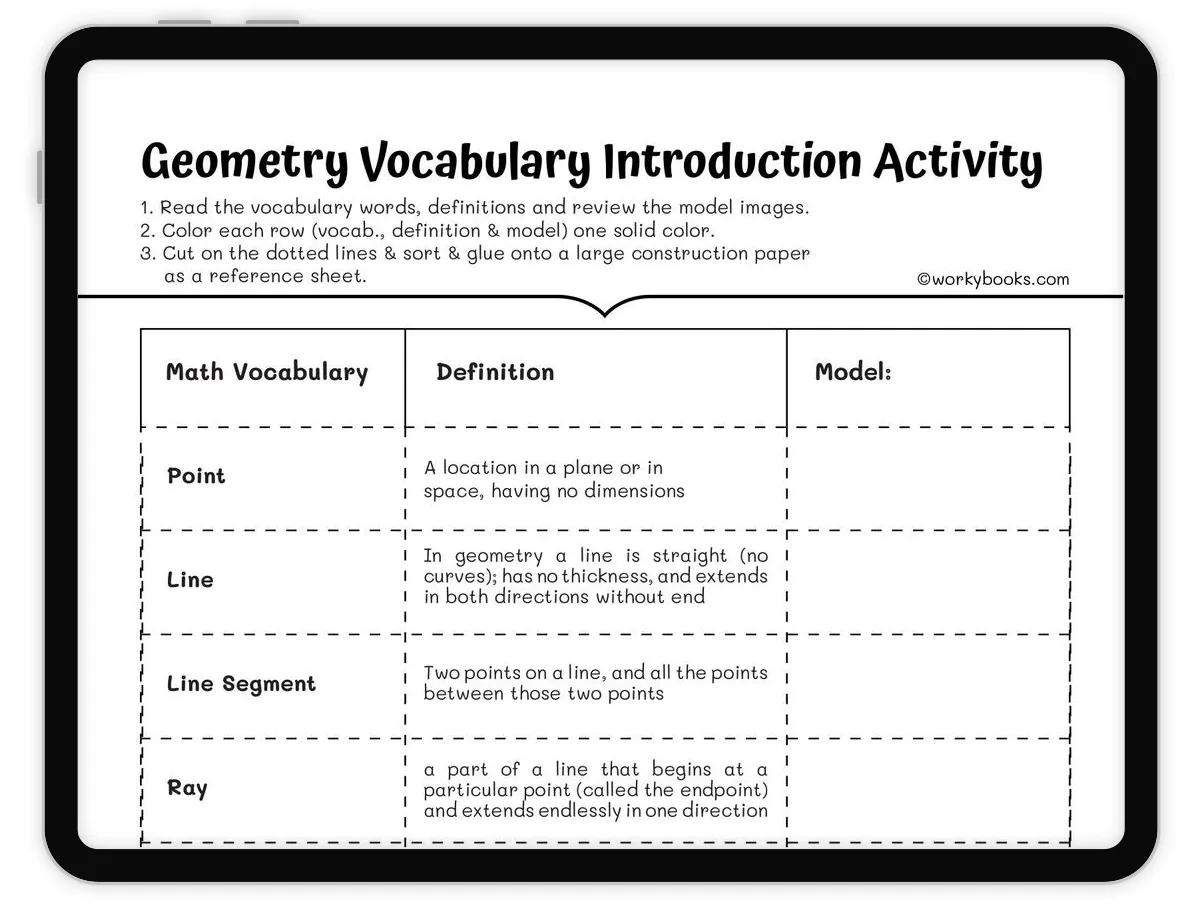 Geometry Vocabulary Introduction Activity Worksheet 4 G A 1 Workybooks For Teachers Parents Homeschoolers Printable Interactive