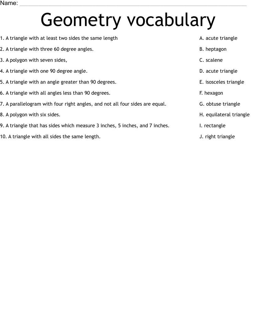 Geometry Vocabulary Worksheet WordMint