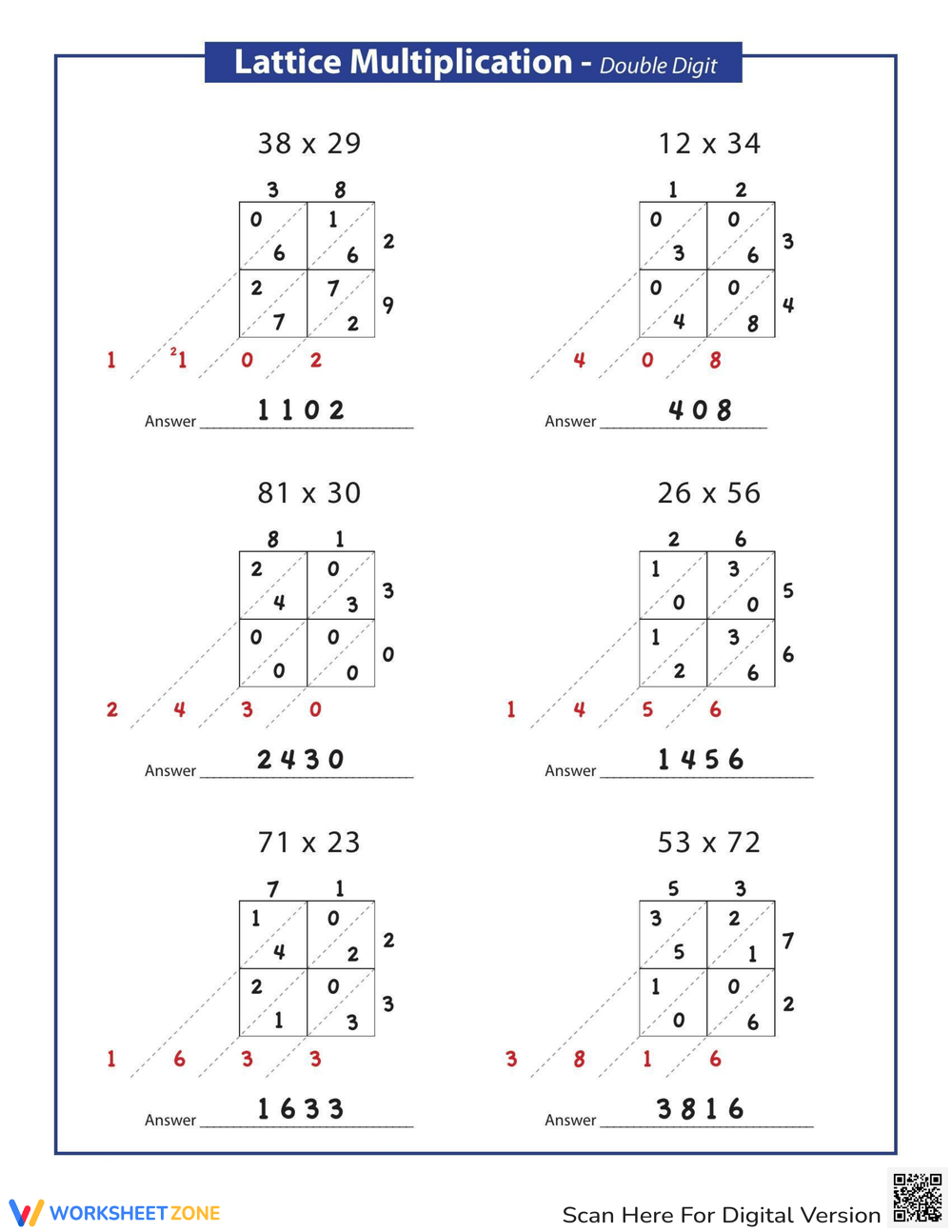 Lattice Method Multiplication Worksheet