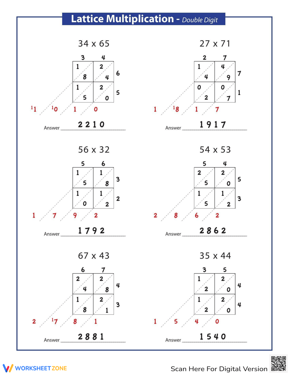 Lattice Method Of Multiplication Worksheet Lattice Method Of Multiplication Worksheet