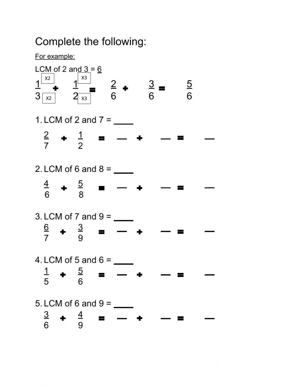 Least Common Denominator Fractions Worksheet Printable Art Activities