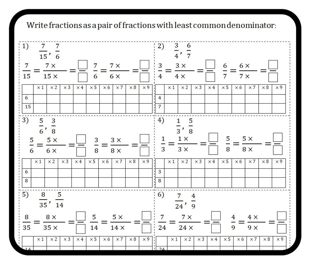 Least Common Denominator Worksheets Math Grades 4 6 printable PDF Etsy