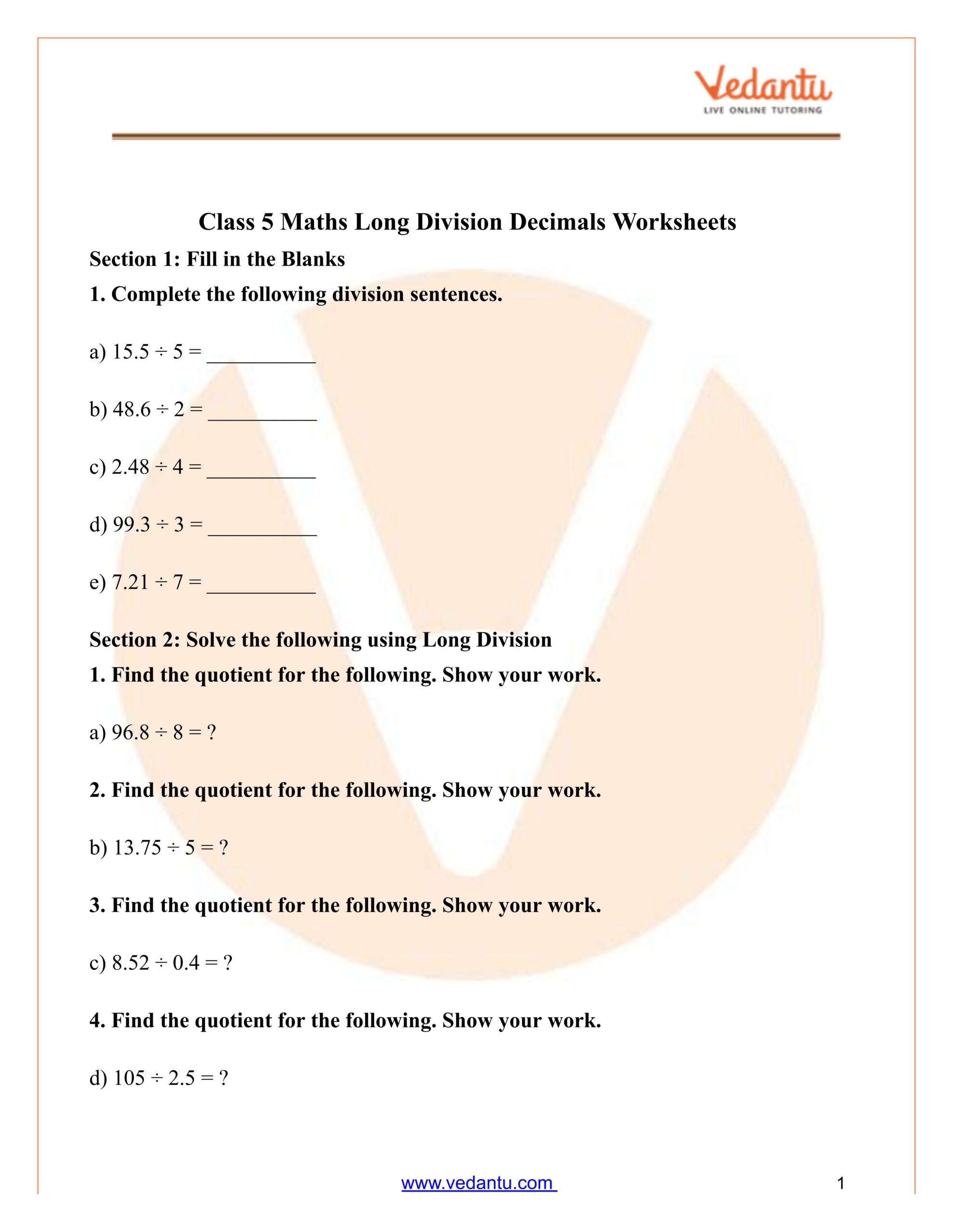 long division worksheets decimals
