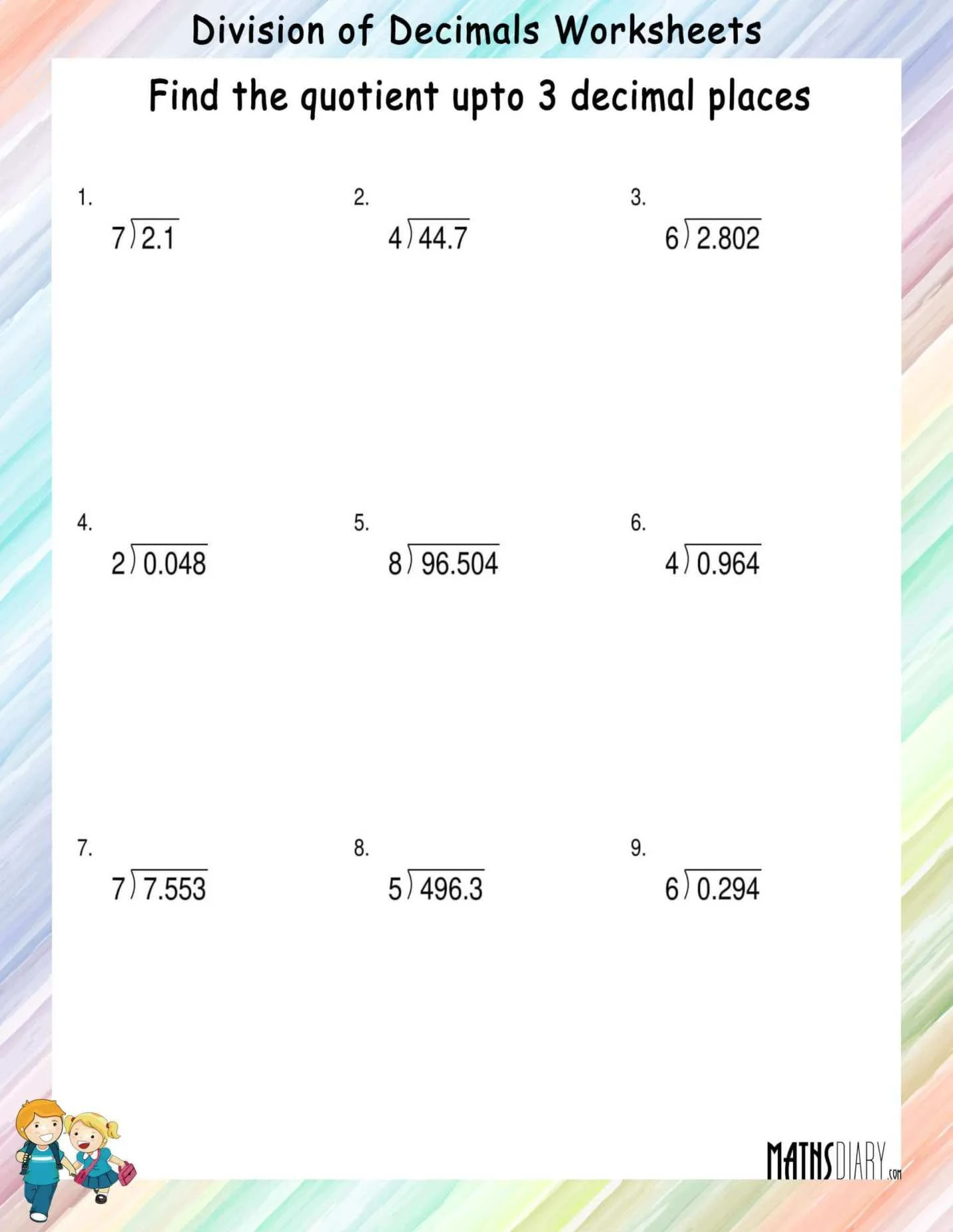 Long Division Of Decimal Numbers By Whole Numbers Math Worksheets MathsDiary