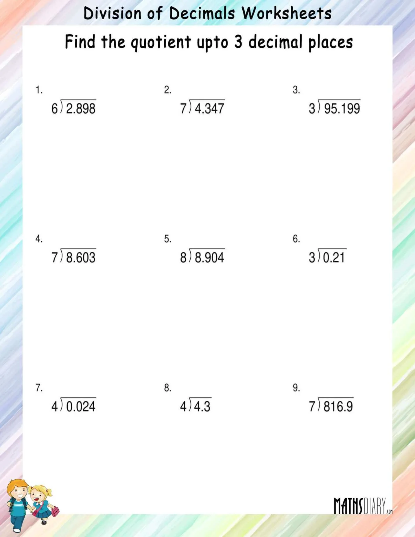 Long Division Of Decimal Numbers By Whole Numbers Math Worksheets MathsDiary