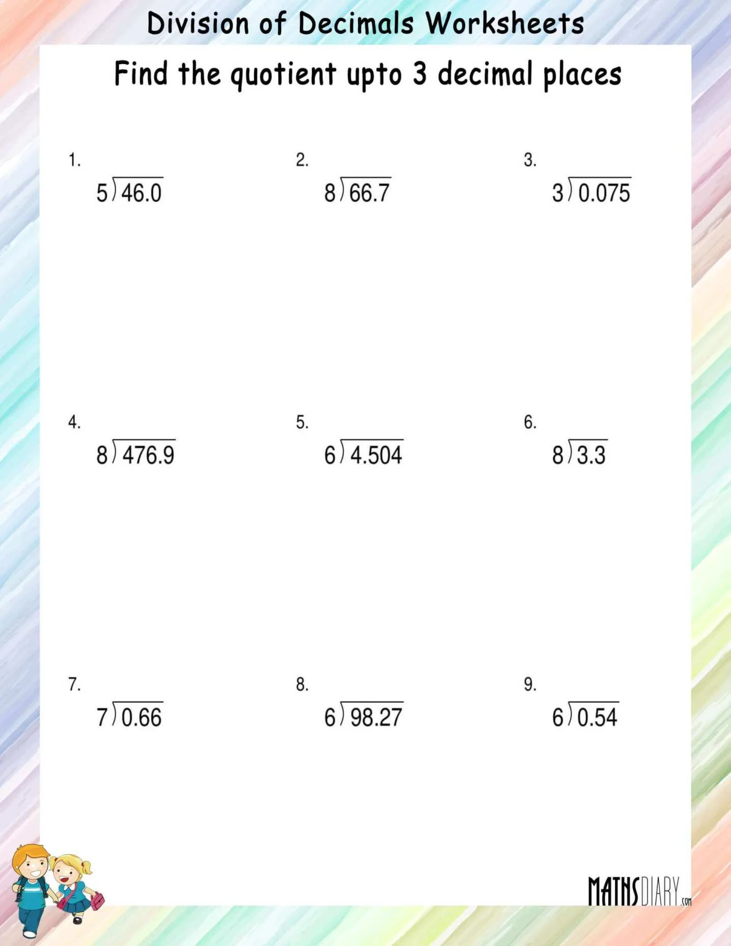 Long Division Of Decimal Numbers By Whole Numbers Math Worksheets MathsDiary