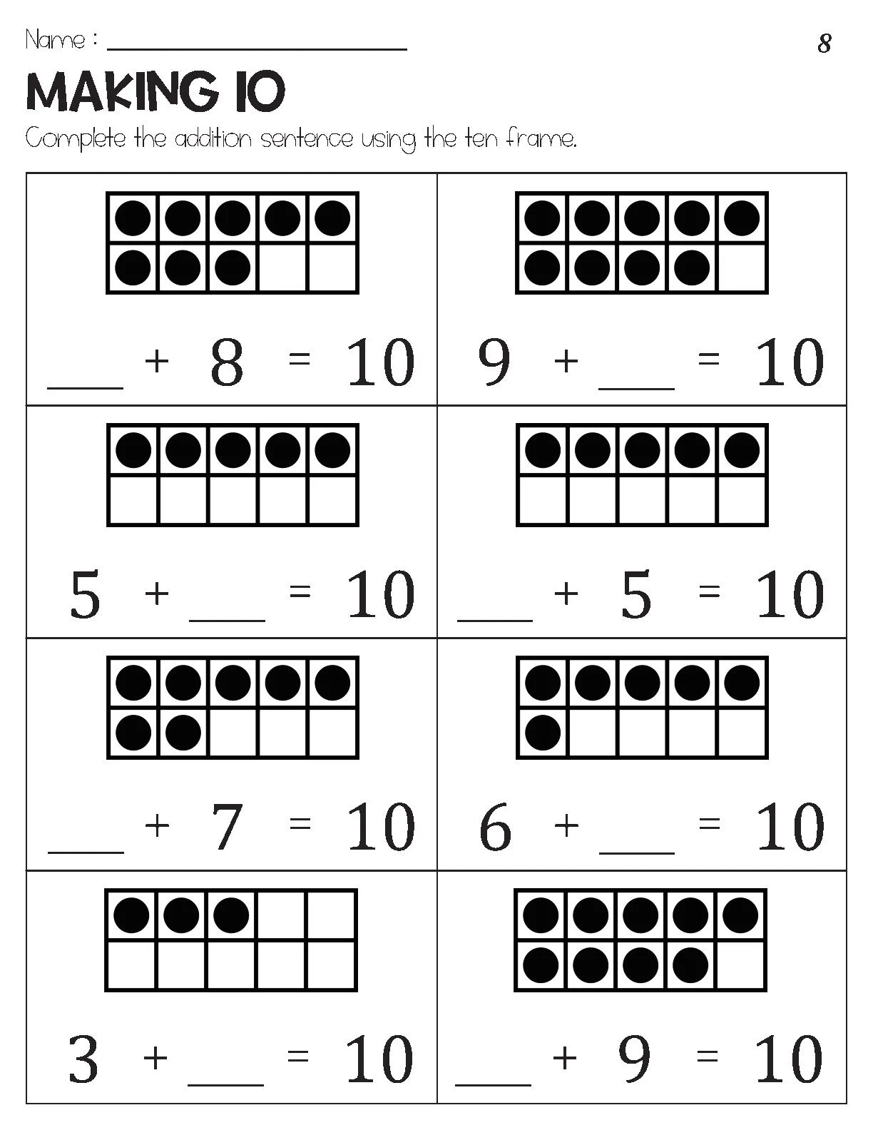 Making 10 Addition With Ten Frame Worksheets Etsy Making 10 Addition With Ten Frame Worksheets Etsy