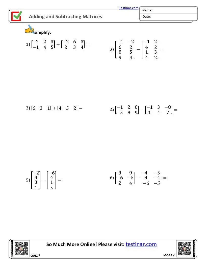 Matrices Addition And Subtraction Worksheet Printable Art Activities Matrices Addition And Subtraction Worksheet Printable Art Activities