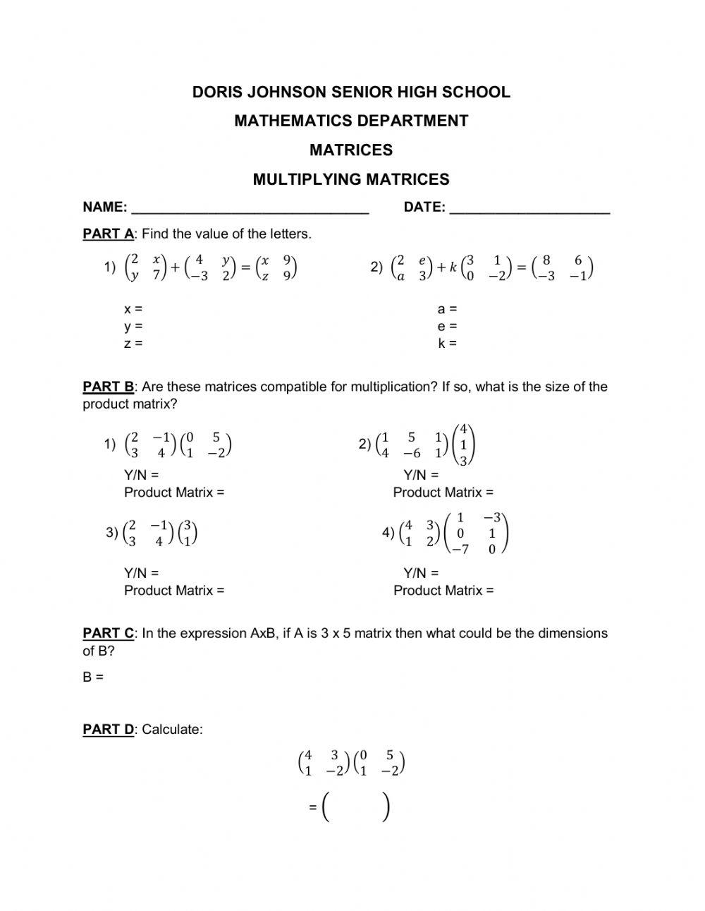 multiplication of matrices worksheet