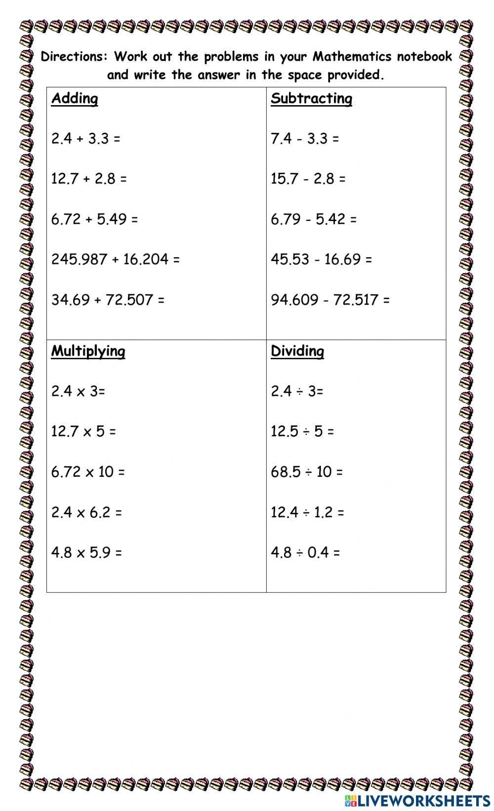 Mixed Operations With Decimals Worksheet Worksheets Library