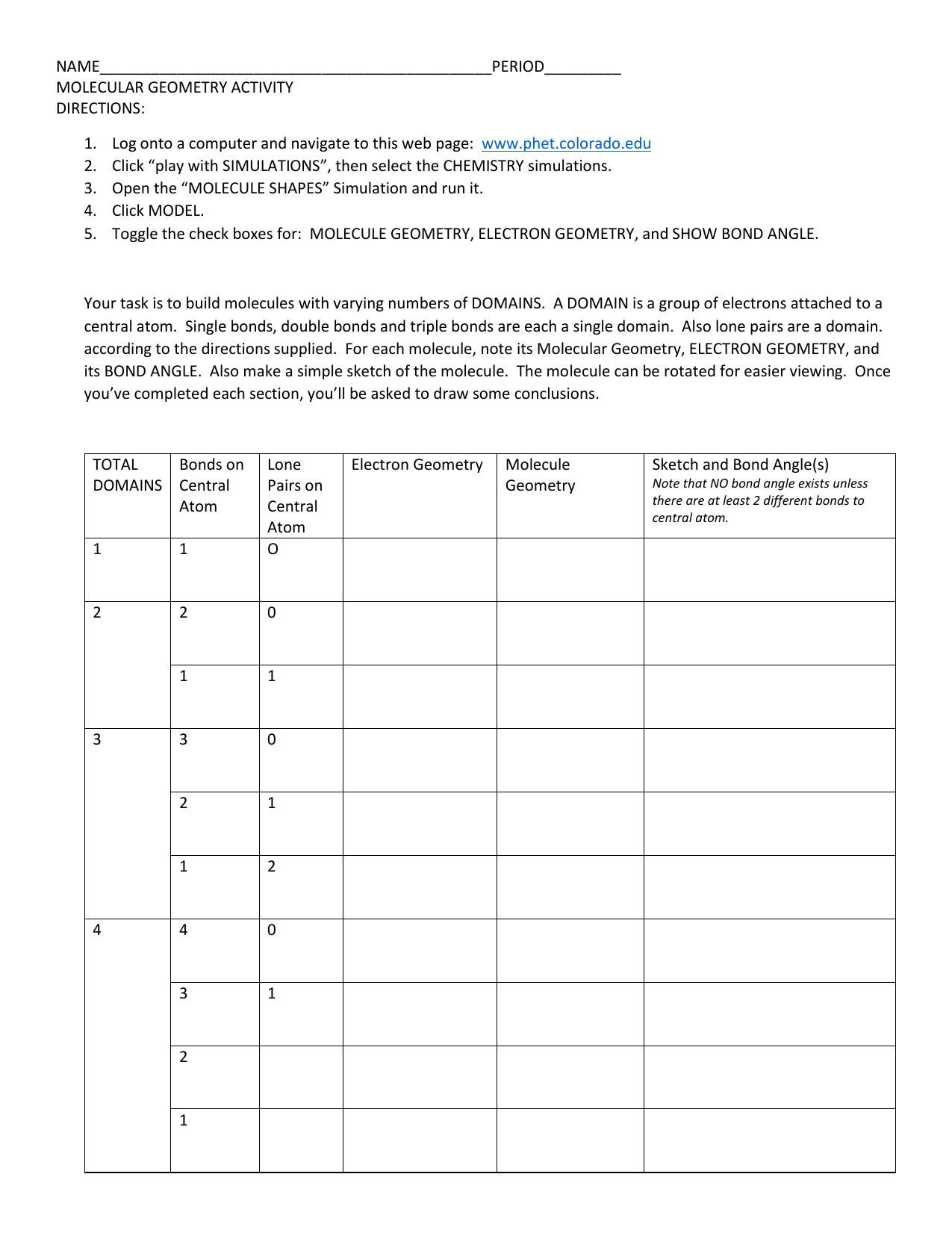 Molecular Geometry Activity Worksheet Molecular Geometry Activity Worksheet