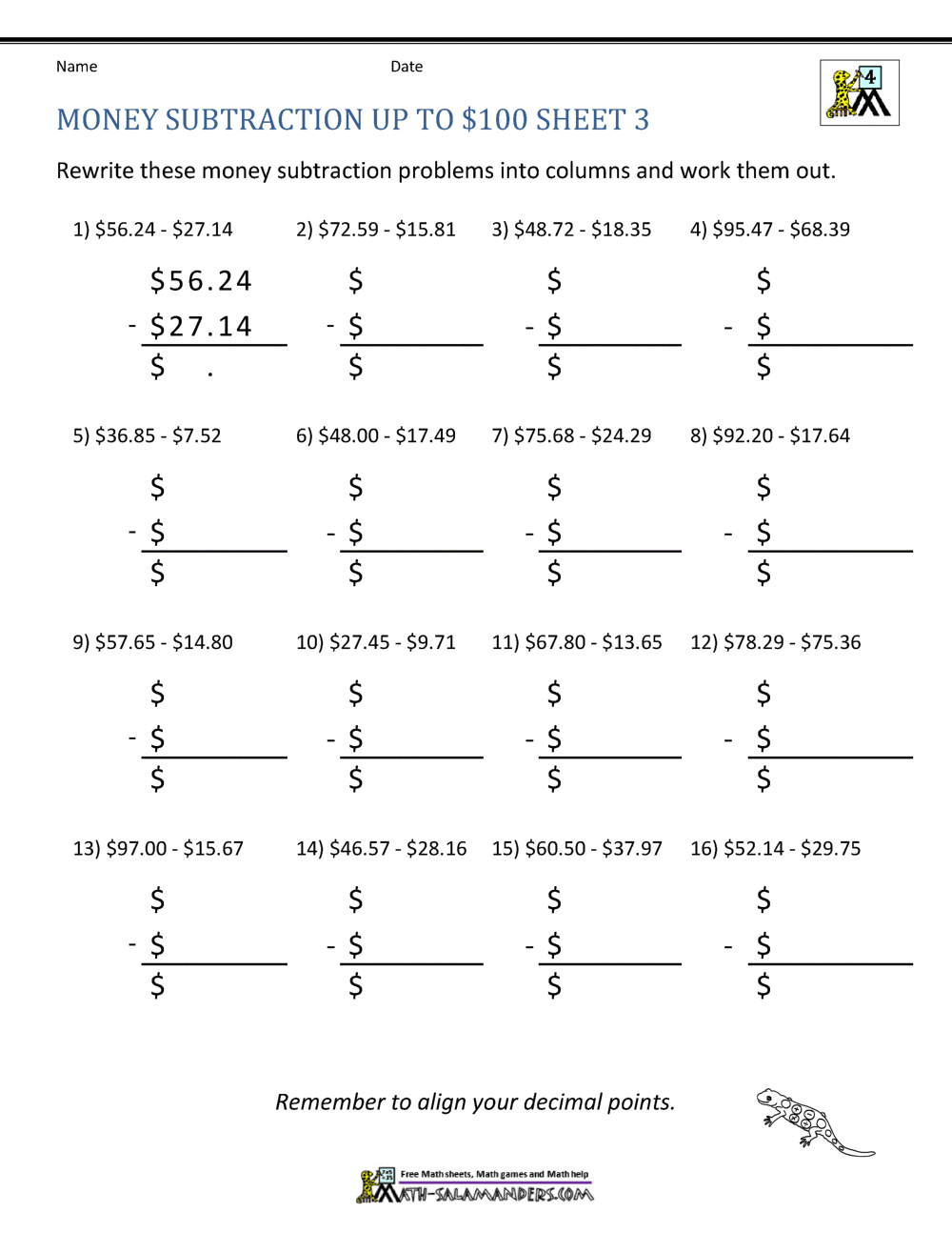Money Subtraction Worksheet Page
