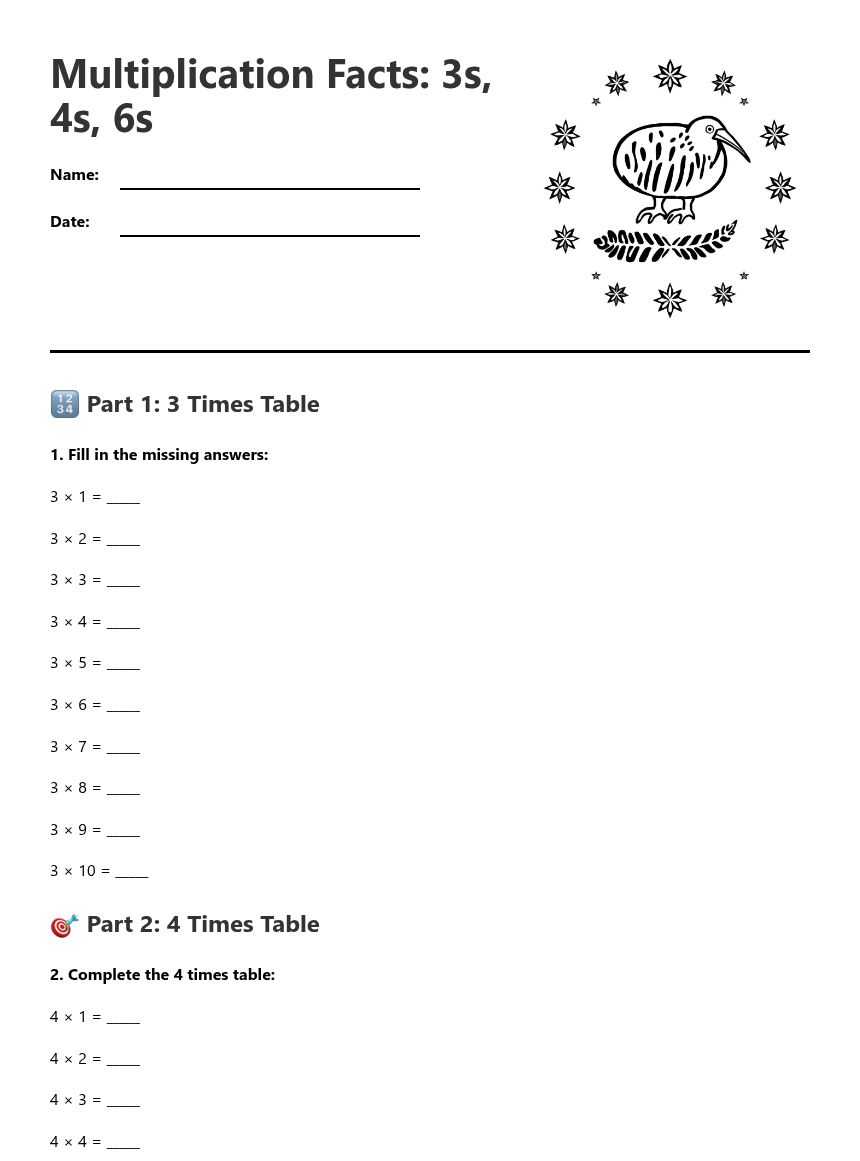 Multiplication Facts 3s 4s 6s Free Printable Worksheet For Maths Kuraplan Multiplication Facts 3s 4s 6s Free Printable Worksheet For Maths Kuraplan