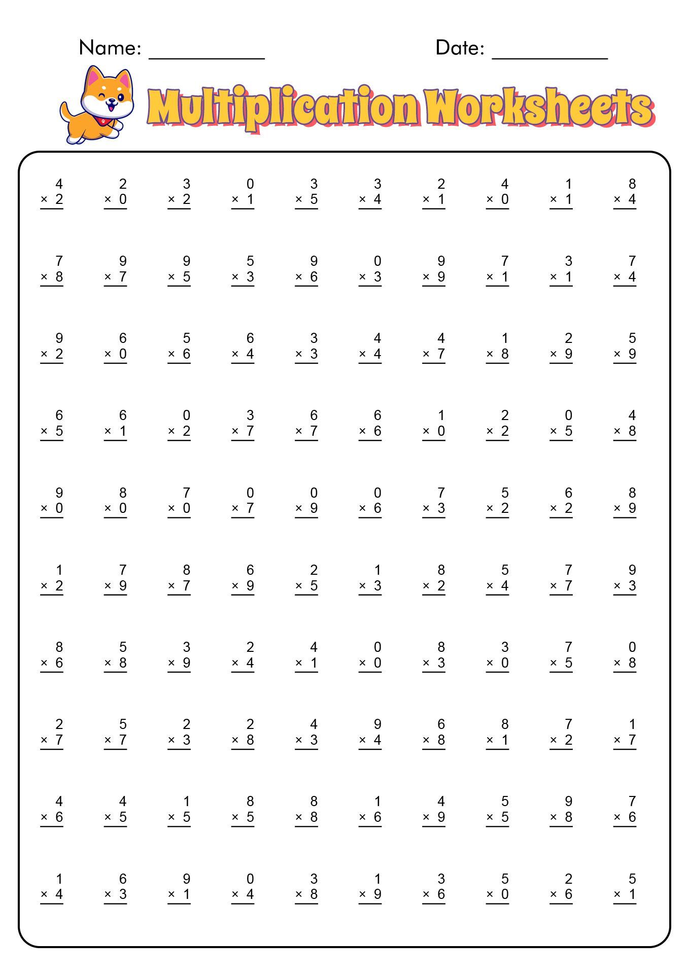 multiplication worksheets 100 problems