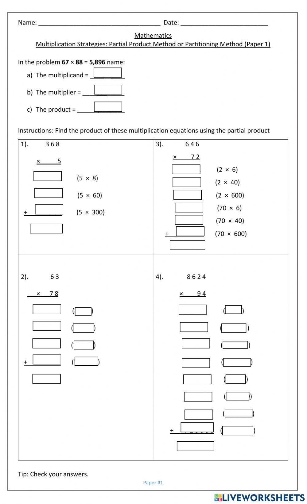 Multiplication Strategies Partial Products Part A Worksheet Worksheets Library