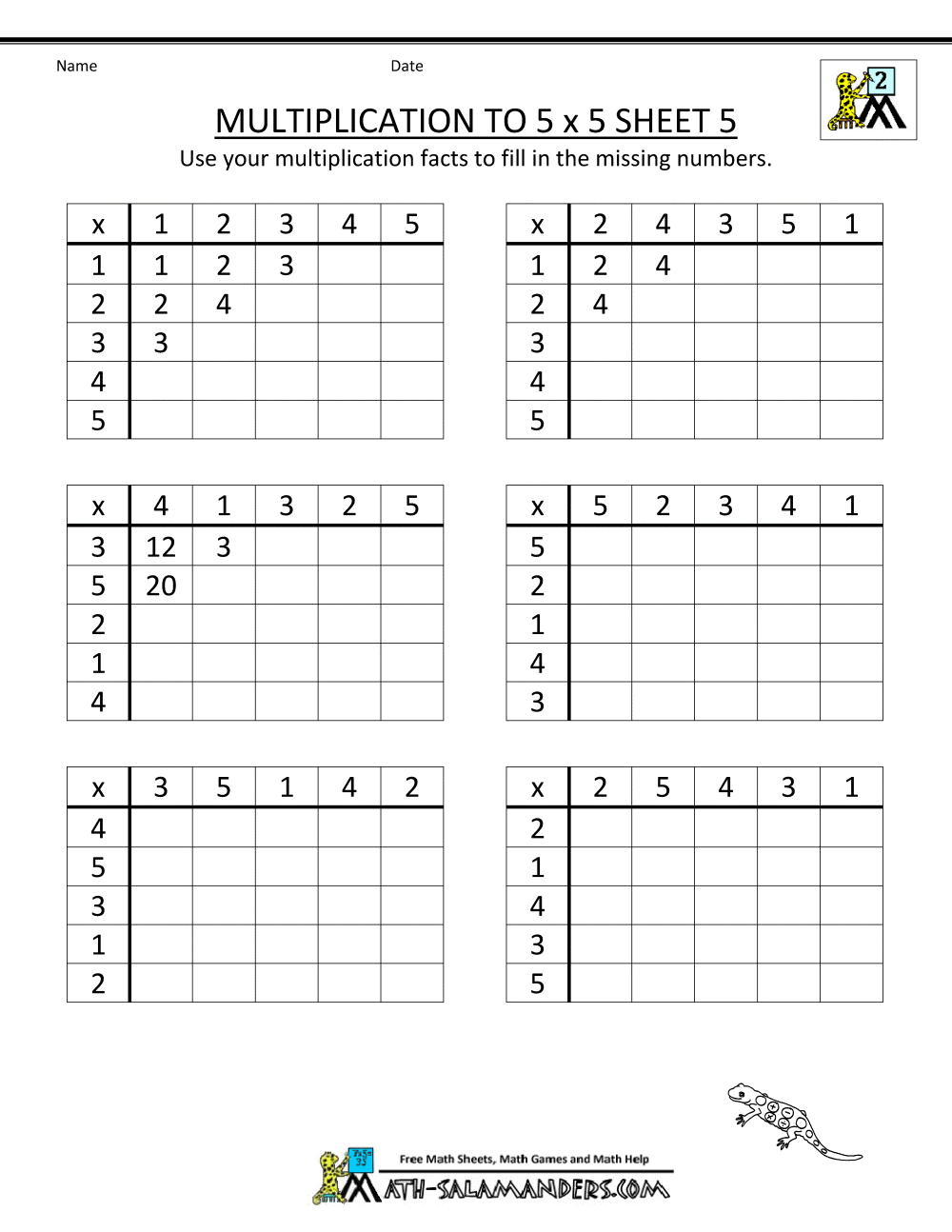 Multiplication To 5x5 Worksheets For 2nd Grade