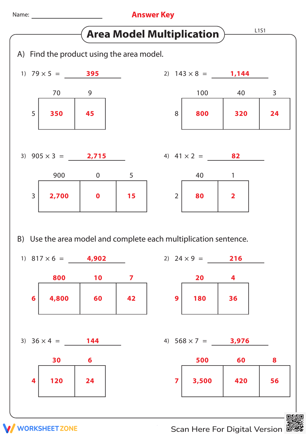 Multiplication Using Box Method Practice Sheet Worksheets