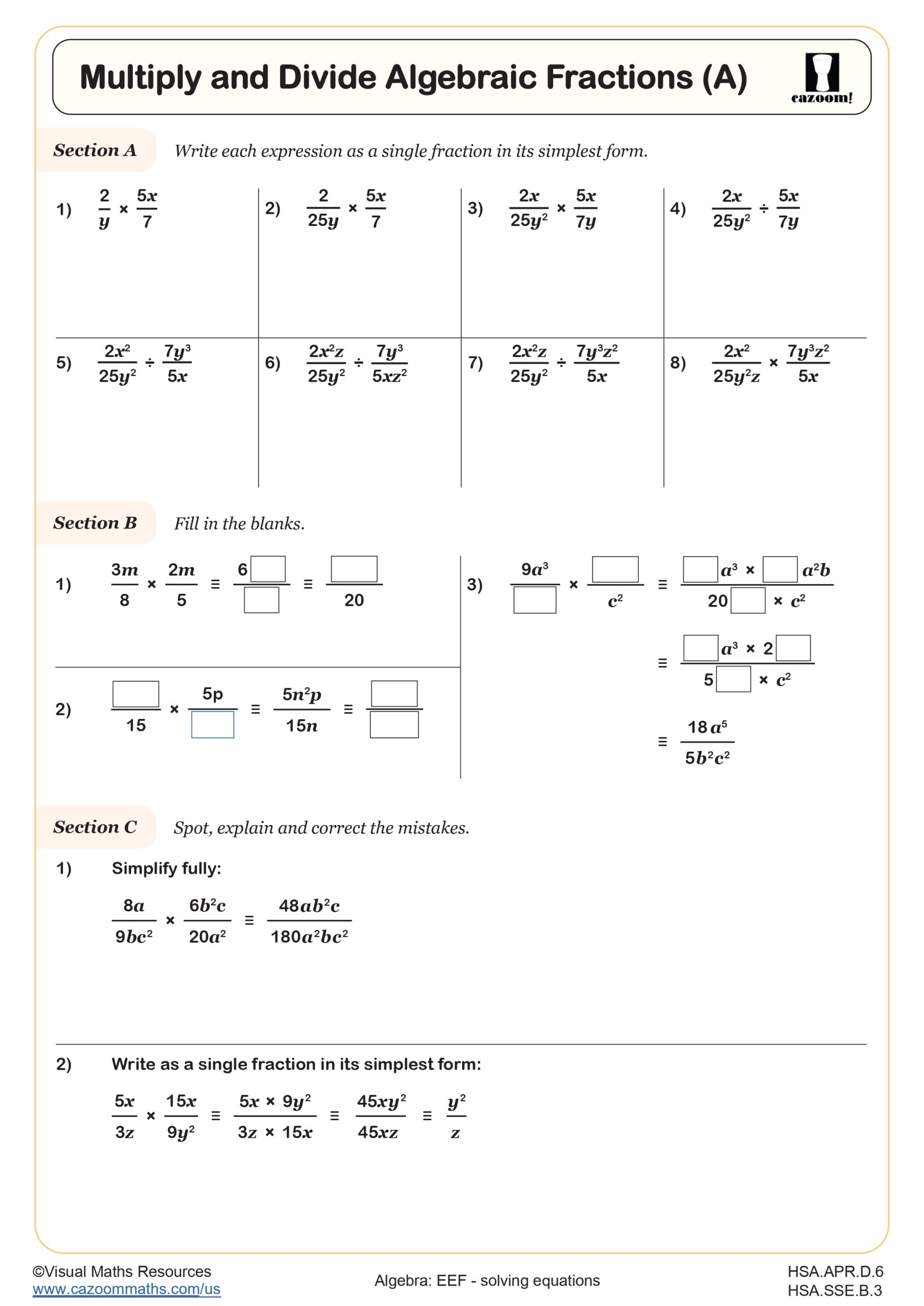 Multiply And Divide Algebraic Fractions A Worksheet Fun And Engaging High School Algebra Worksheet