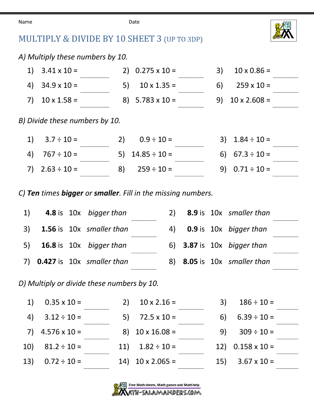 multiplication division decimals worksheets