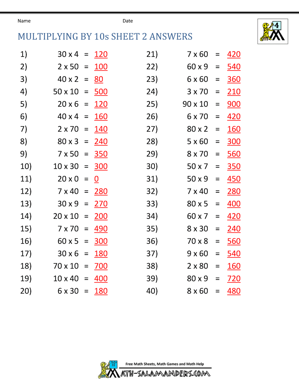 multiplying with multiples of 10 worksheets