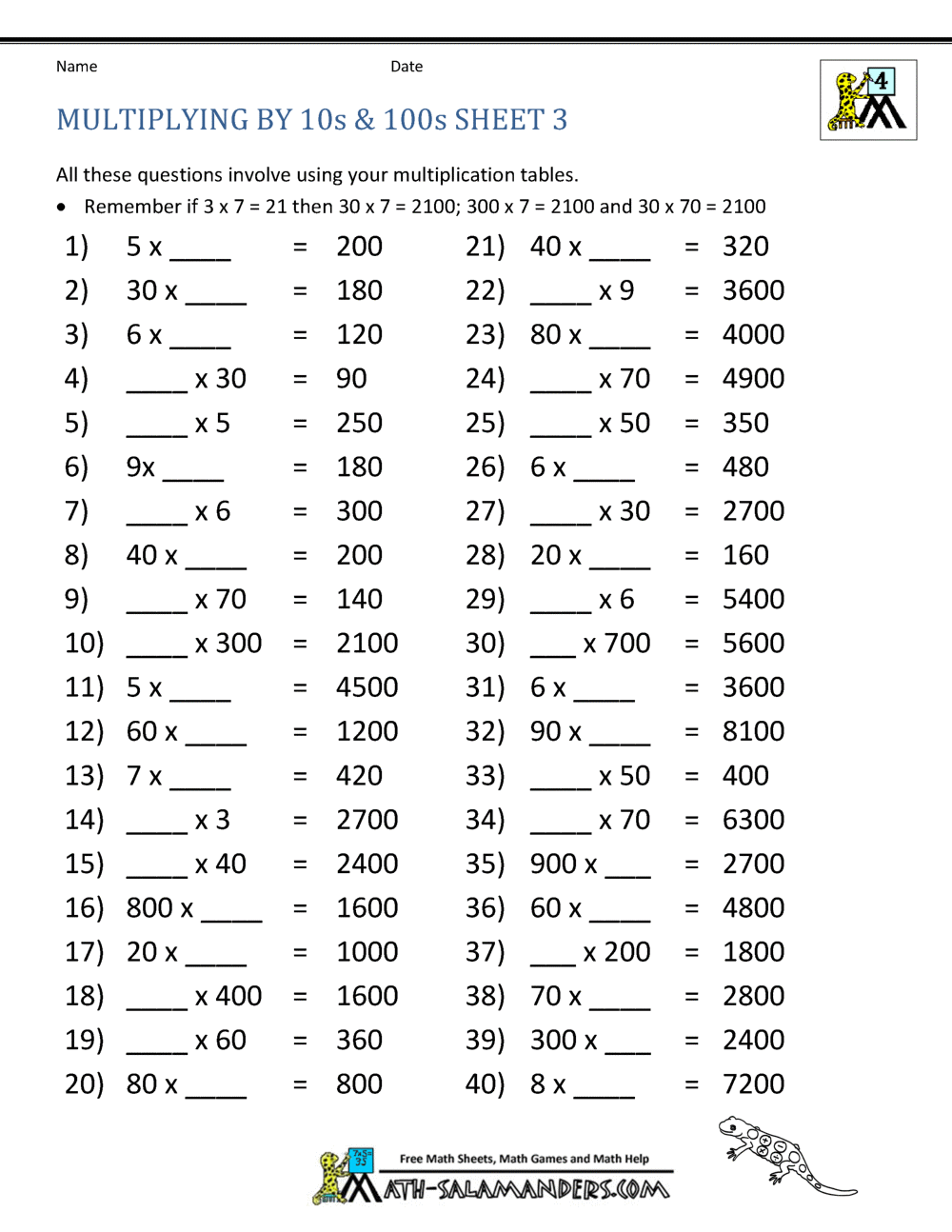 Multiplying By Multiples Of 10