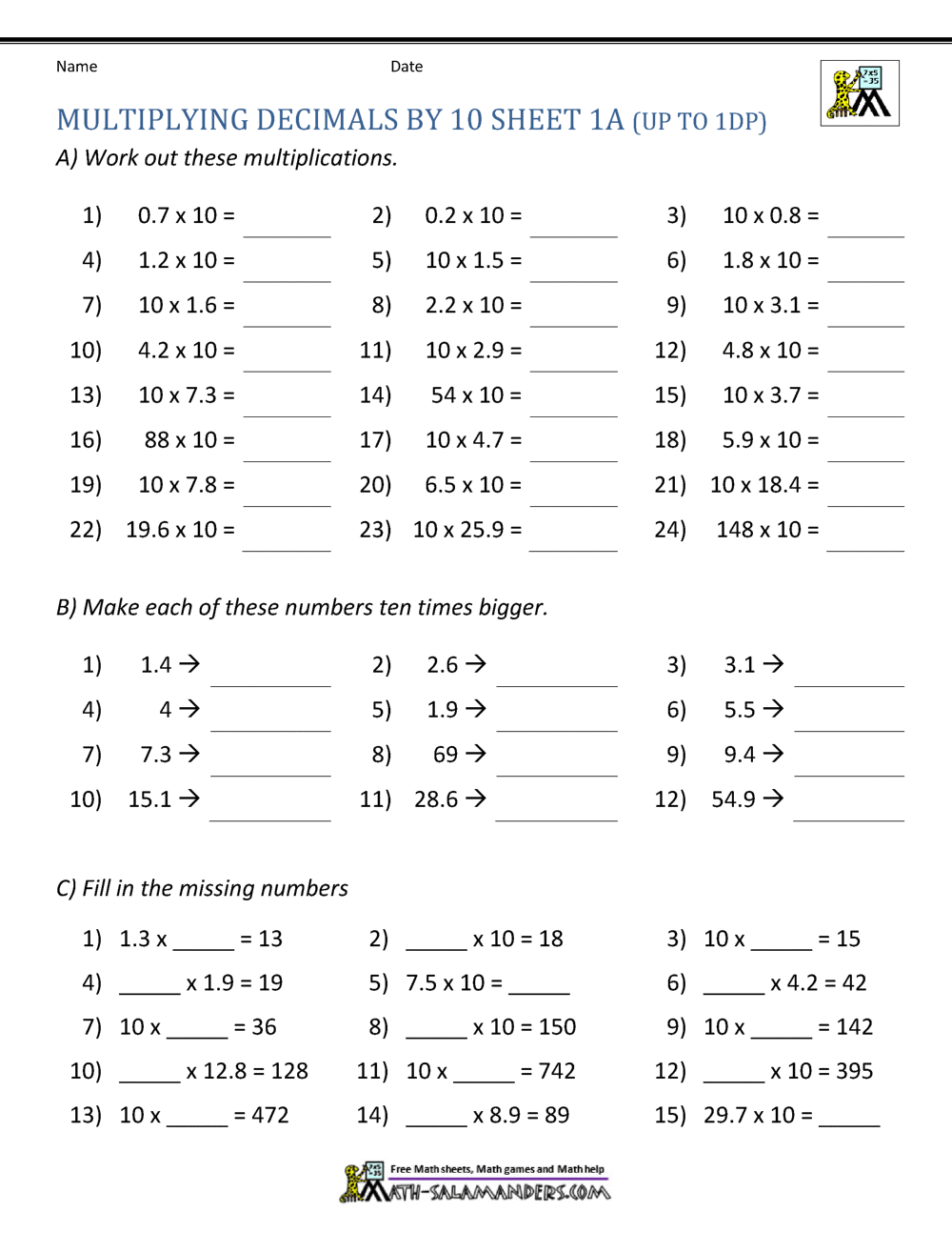 multiplying decimals worksheets