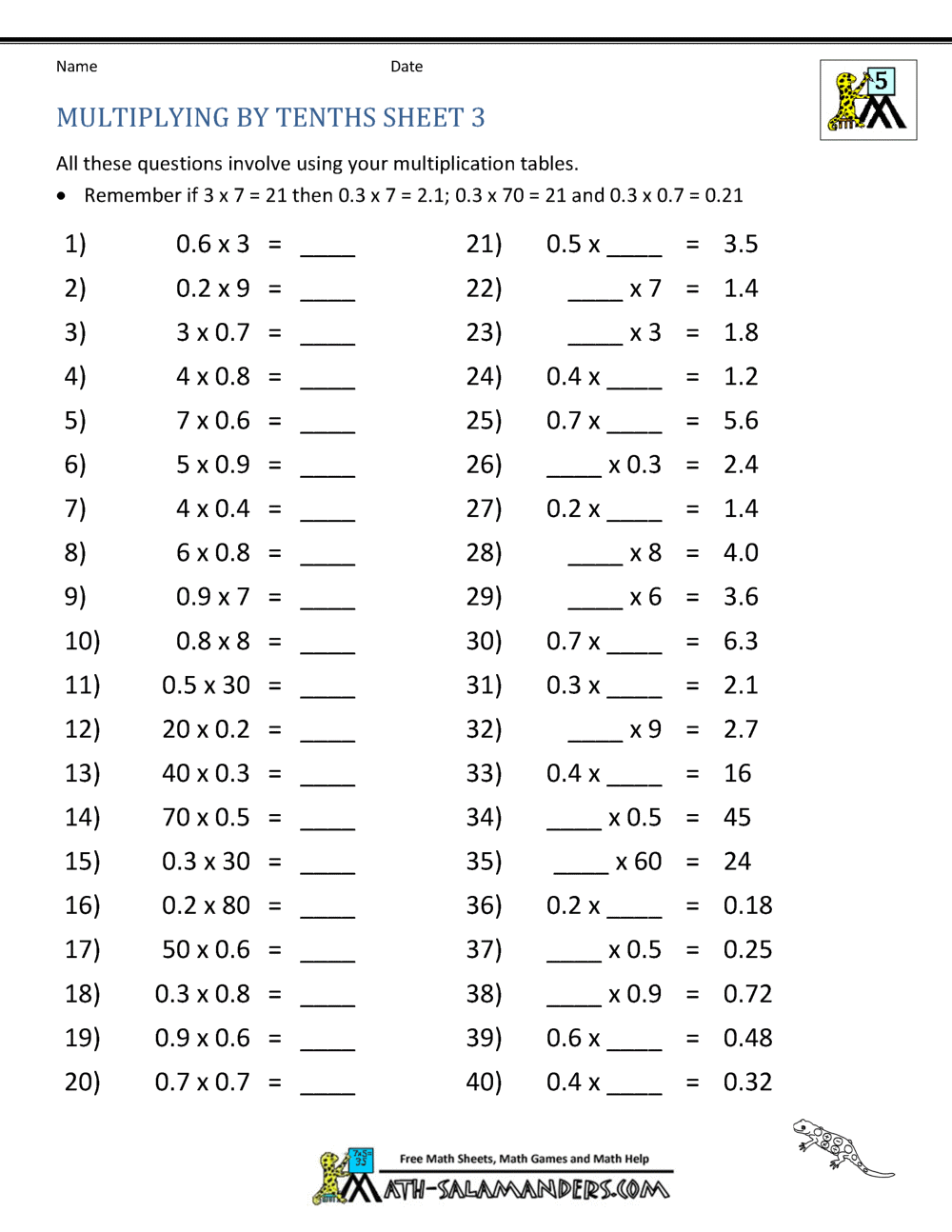 Multiplying Decimals By Whole Numbers Multiplying Decimals By Whole Numbers