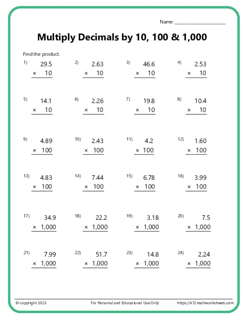 Multiplying Decimals Worksheets