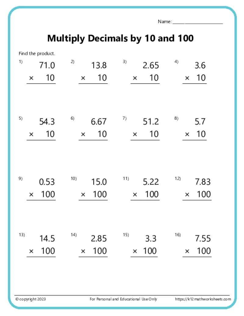 Multiplying Decimals Worksheets