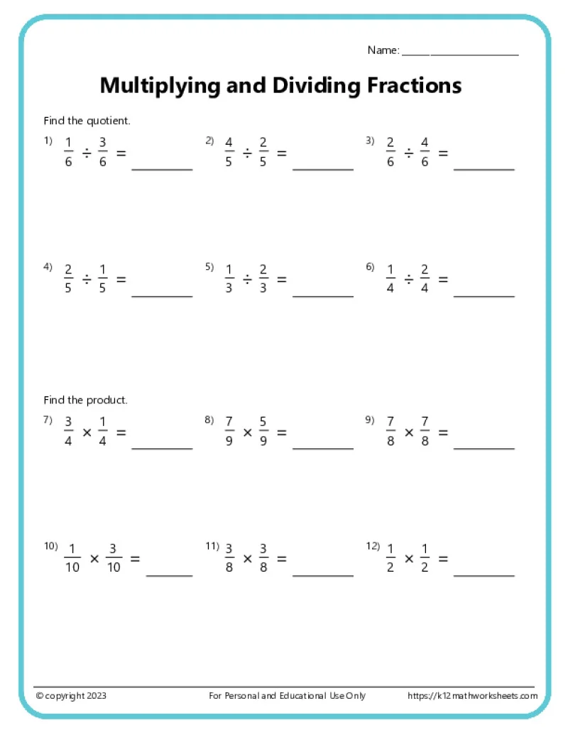 Multiplying Fractions Worksheets