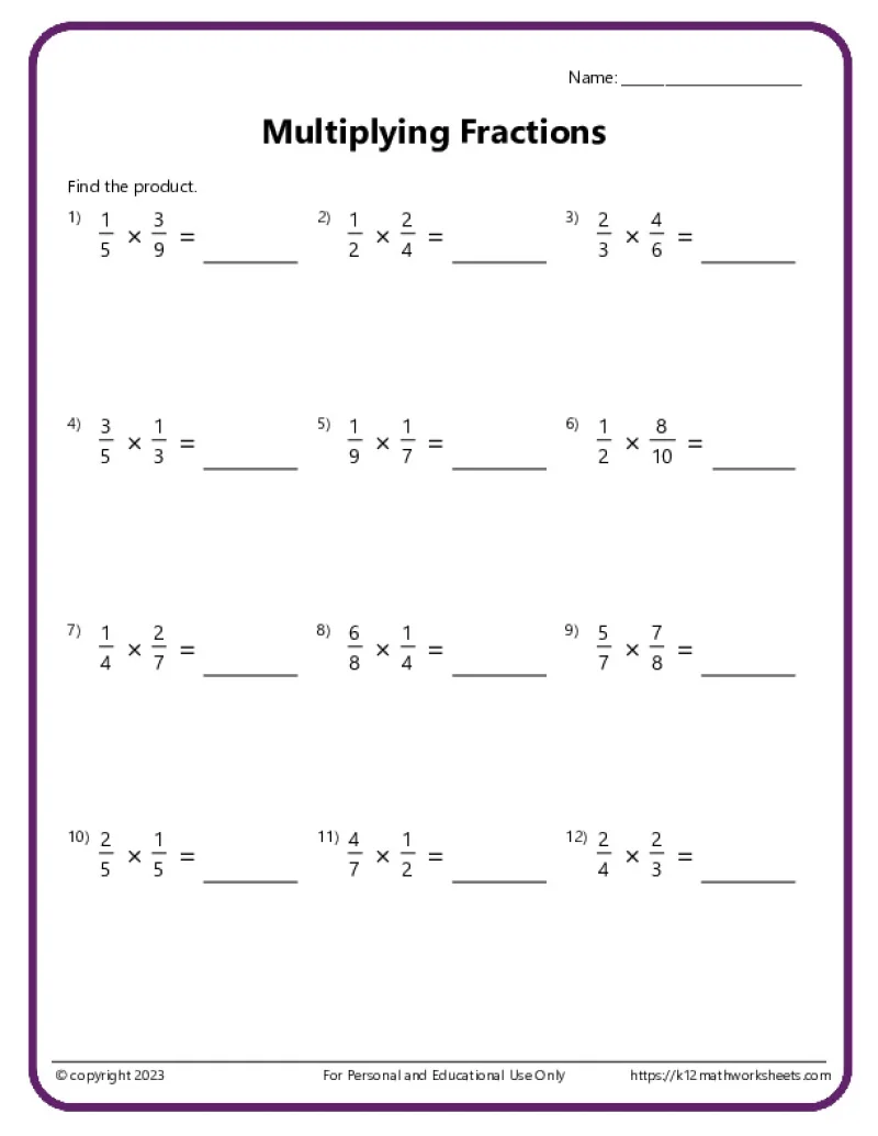 Multiplying Fractions Worksheets