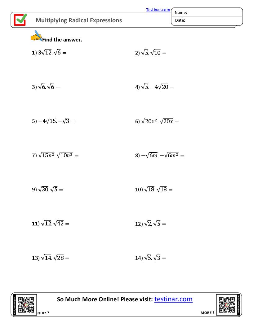 Multiplying Radical Expressions Worksheets