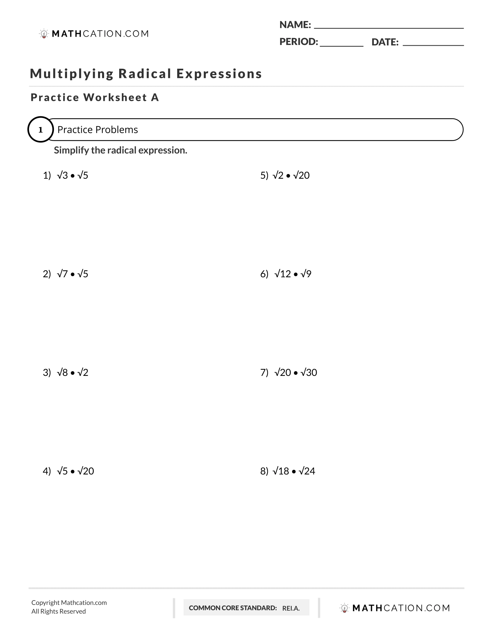 Multiplying Radicals Worksheet Rules And Examples Worksheets Library