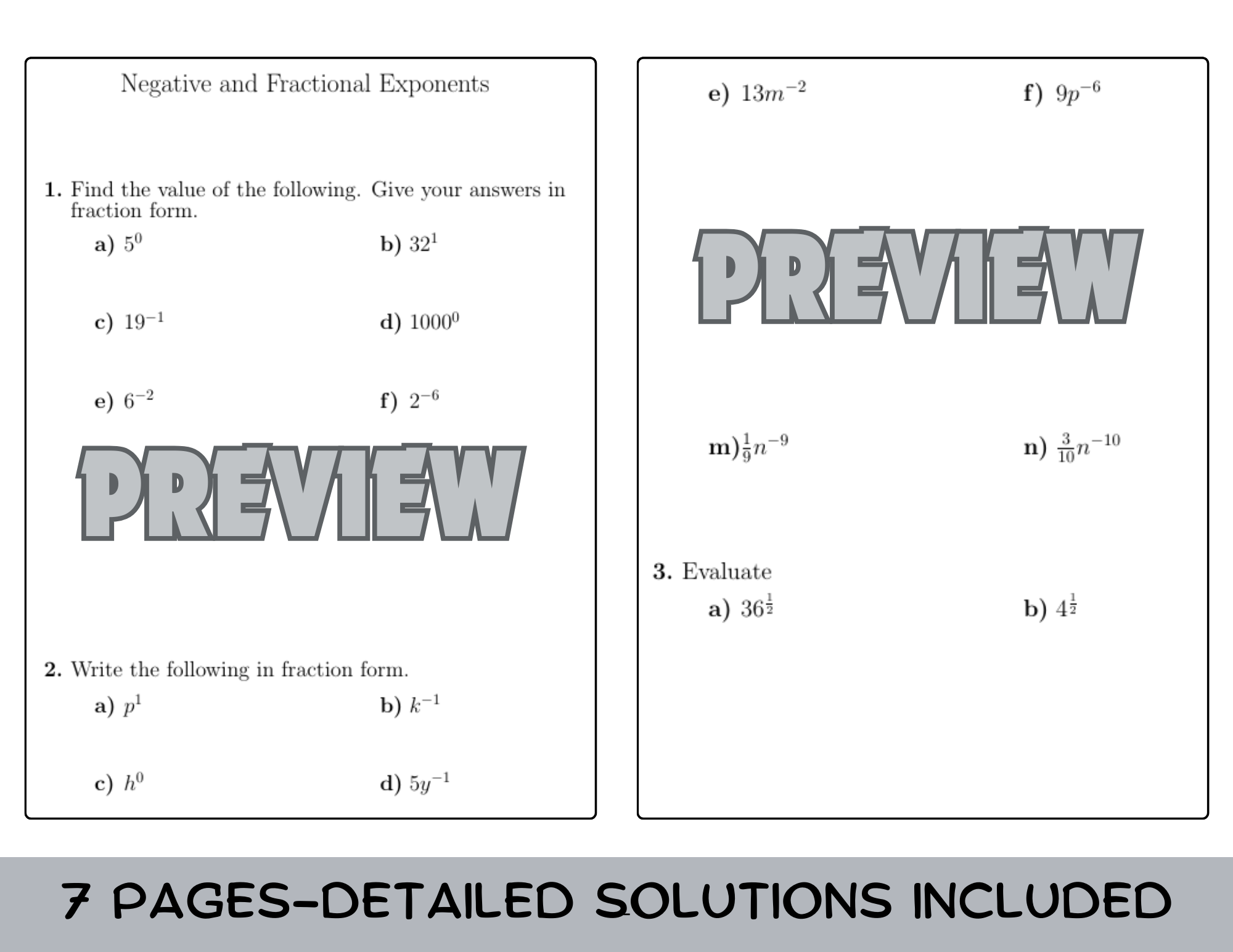 Negative And Fractional Exponents Worksheet with Solutions Teaching Resources