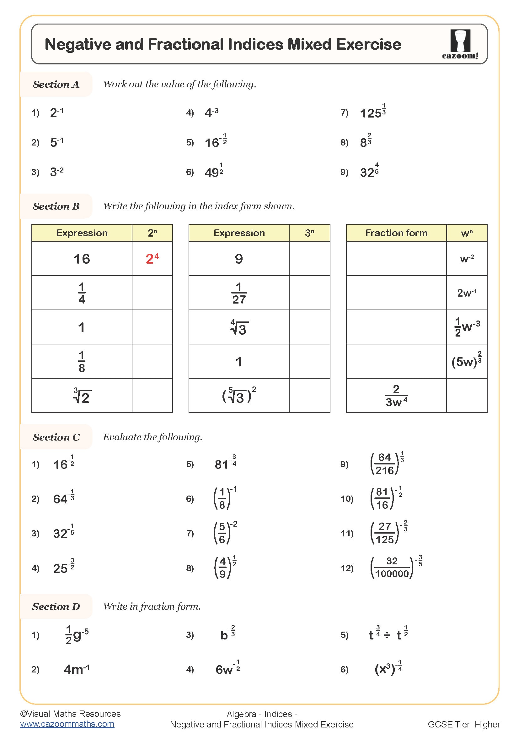 Negative And Fractional Indices Mixed Exercise Worksheet Cazoom Maths Worksheets