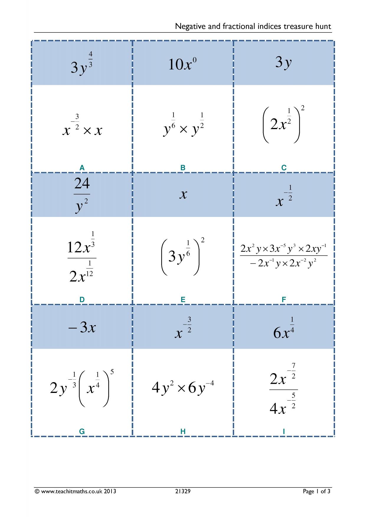 Negative And Fractional Indices Treasure Hunt KS3 4 Maths Teachit