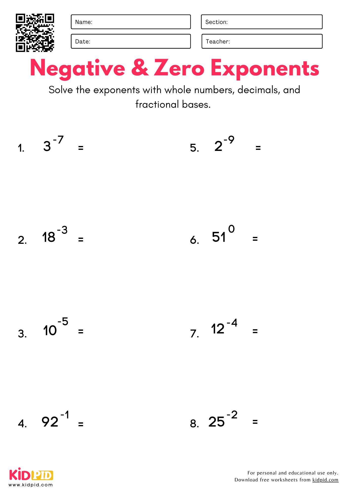 Negative And Zero Exponents With Whole Numbers Decimals And Fractional Bases Worksheet For Grade 6 Kidpid