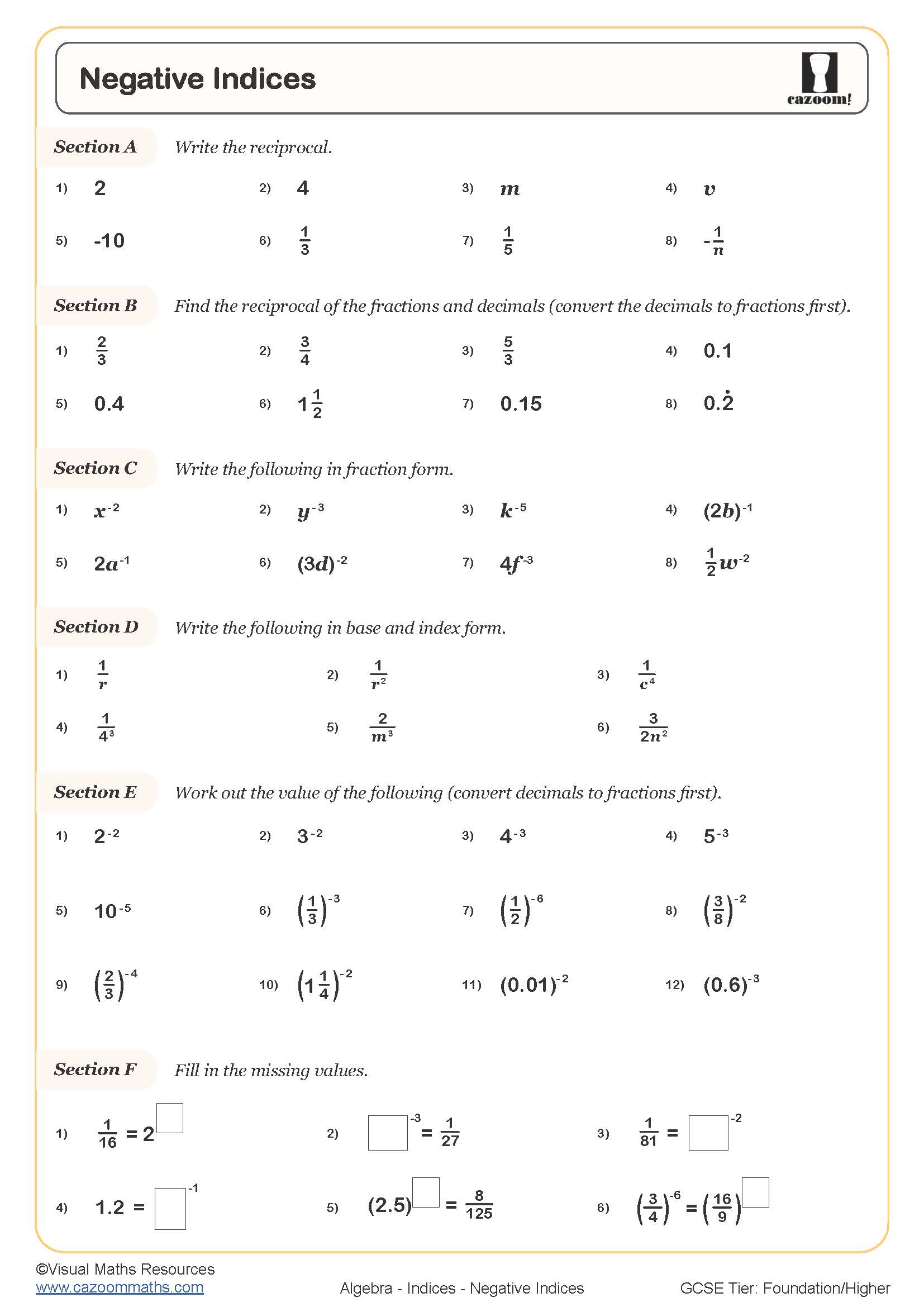 Negative Indices Worksheet Cazoom Maths Worksheets