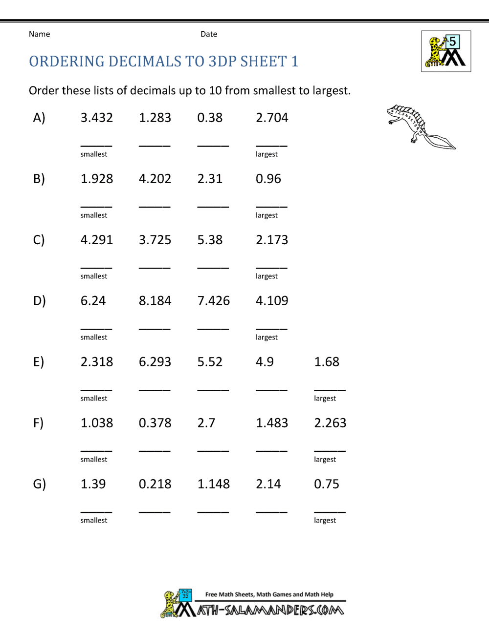 Ordering Decimals Up To 3dp