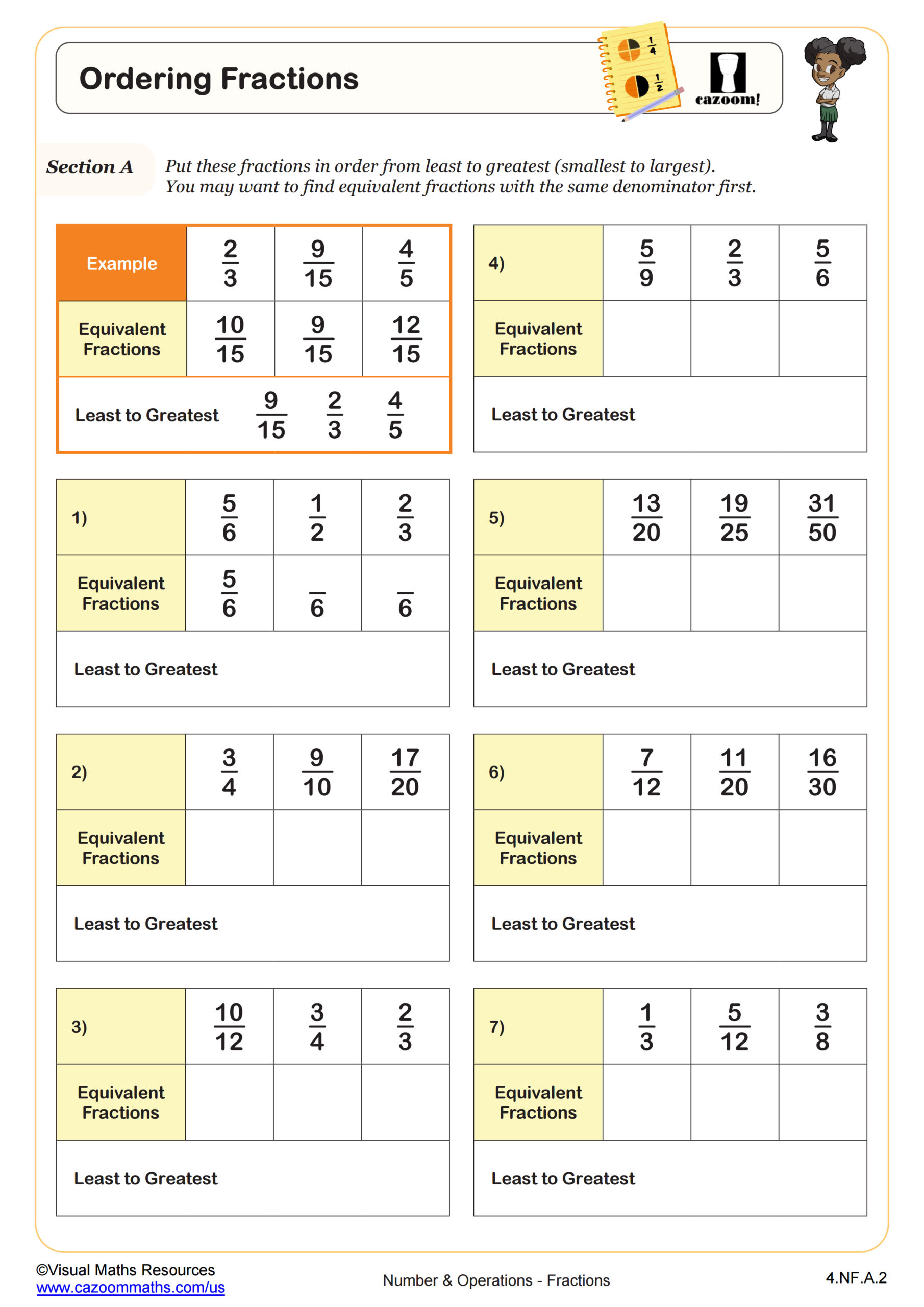 Ordering Fractions 4th Grade PDF Number And Operations Worksheets