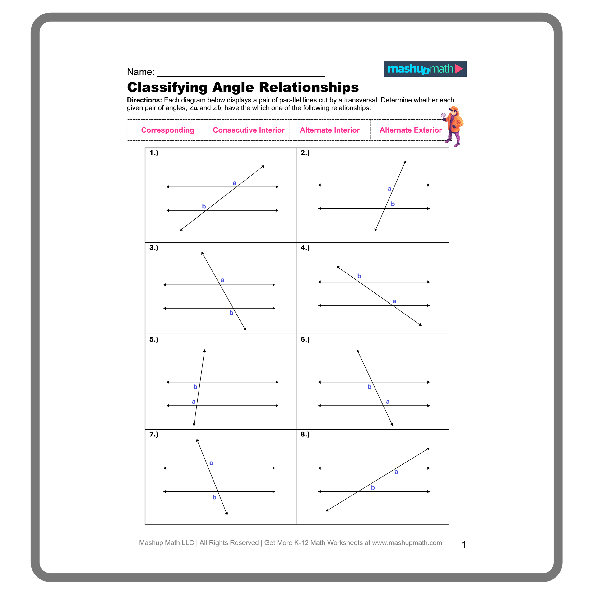 Parallel Lines Cut By A Transversal Worksheets Printable With Answers Mashup Math Parallel Lines Cut By A Transversal Worksheets Printable With Answers Mashup Math