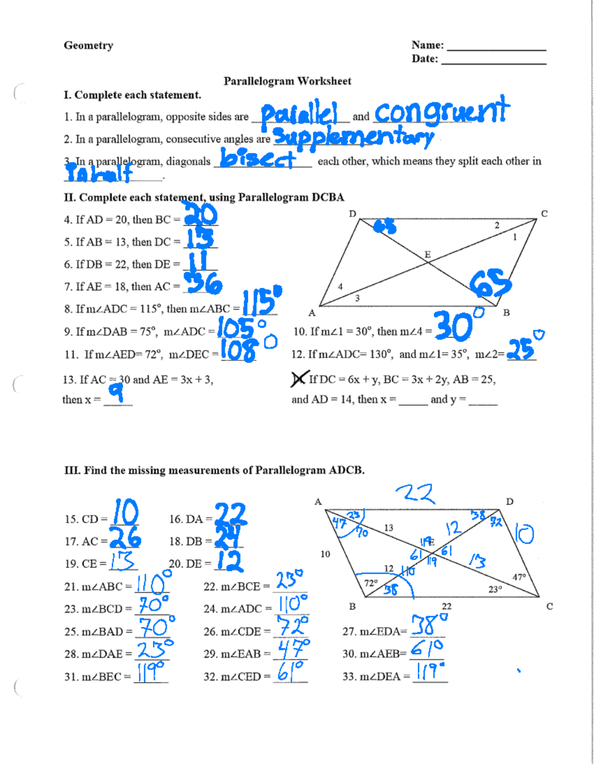 Parallelogram Geometry Worksheet Answers Practice WS Studocu